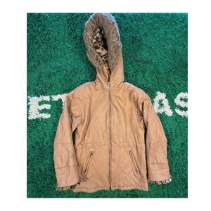 Braefair Leather Jacket Womens Small Tan Excellent Quilted Faux Fur Hood Leopard